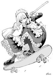 1girl apron artist_name broom dice_(dice_in_dice) dress frilled_dress frills greyscale headphones highres holding holding_broom jitome loafers maid maid_apron maid_headdress monochrome original pantyhose shoes skateboard skateboarding solo