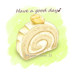 banana banana_slice cake cream english_text food food_focus fruit happy_clover_3 highres icing musical_note no_humans original still_life swiss_roll