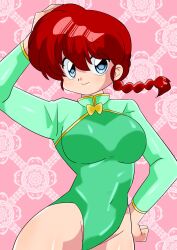 Rule 34 | 1girl, athletic leotard, blue eyes, braid, breasts, green leotard, highres, ichika (sak4869), large breasts, leotard, looking at viewer, ranma-chan, ranma 1/2, red hair, smile, solo