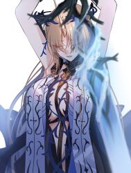 Rule 34 | 1girl, absurdres, arms up, black collar, black dress, breasts, closed eyes, collar, commentary request, dress, fleurdelys (wuthering waves), highres, holding, holding sword, holding weapon, horns, huge breasts, jewelry, kamishiro noa, necklace, parted bangs, parted lips, simple background, single horn, solo, sword, tacet mark (wuthering waves), weapon, white background, wuthering waves, yellow horns