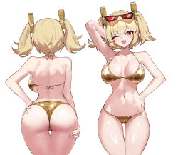 1girl absurdres alternate_costume arm_behind_head arm_up ass aviator_sunglasses bikini black-framed_eyewear blonde_hair blush breasts burnice_white cleavage collarbone commentary gluteal_fold gold_bikini golden_week hand_on_own_hip highres large_breasts looking_at_viewer multiple_views navel one_eye_closed open_mouth ppangchil red-tinted_eyewear red_eyes shiny_skin simple_background smile sunglasses swimsuit thigh_gap thighs tinted_eyewear two_side_up white_background zenless_zone_zero