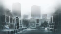 1boy 1girl aged_down arms_around_neck black_boots black_hair black_pants blue_dress blue_hat blue_umbrella bob_cut boots brown_jacket child cityscape cloud cloudy_sky dress fog game_cg graveyard grey_theme hair_over_eyes hat highres hug hug_from_behind huke jacket looking_down miniskirt non-web_source official_art okabe_rintarou pants shiina_mayuri short_hair skirt sky standing steins;gate steins;gate_0 umbrella