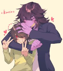 1girl 1other :d ^_^ arm_around_neck behind_another black_coat blush brown_hair closed_eyes coat colored_skin commentary_request deltarune double_v freckles furry furry_female green_sweater grin hair_between_eyes hair_flaps hair_over_one_eye hand_on_another&#039;s_head heart highres komugiko_(bitte_komu) kris_(deltarune) long_hair long_sleeves looking_at_viewer messy_hair no_pupils one_eye_covered open_clothes open_coat open_mouth puffy_long_sleeves puffy_sleeves purple_skin red_eyes reptile_girl sharp_teeth ship_name shirt short_hair simple_background size_difference smile striped_clothes striped_sweater susie_(deltarune) sweater teeth two-tone_sweater upper_body v v-shaped_eyebrows white_shirt yellow_background yellow_sweater