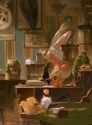 1girl animal_ears axe bare_shoulders black_gloves blood bloody_weapon blue_eyes book chocobo commentary constellation_crystal_(ff14) dango desk elbow_gloves elpis_flower english_commentary envelope final_fantasy final_fantasy_xiv fingerless_gloves flask flower food from_side fruit gloves hair_flower hair_ornament hebi86070749 highres holding holding_quill indoors jewelry map moogle on_chair open_book pendant persimmon poster_(object) profile quill rabbit_ears sanshoku_dango scar scar_on_arm scar_on_face shield short_hair_with_long_locks solo viera wagashi warrior_of_light_(ff14) weapon white_hair