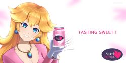 1girl ad bangle blonde_hair blue_eyes bracelet breasts can cleavage collarbone drink earrings english_text female_focus food fruit fruit_print gloves grin hands_up head_tilt heart heart_print highres holding holding_can jewelry lips long_hair long_sleeves looking_at_viewer mario_(series) nintendo peach peach_print pendant phiphi-au-thon pink_background pink_shirt princess_peach pun shirt smile solo super_mario_bros._1 tea teeth twitter_username white_background white_gloves