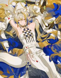 1girl absurdres arknights armpits arms_up bare_shoulders blonde_hair blue_hair closed_eyes gang_g grey_hair hair_intakes highres horns jewelry multicolored_hair multiple_tails necklace shu_(arknights) skirt smile solo strapless streaked_hair tail tube_top white_skirt
