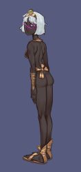 1girl alternate_hair_length alternate_hairstyle arms_at_sides ass black_eyes black_skin bob_cut colored_skin completely_nude duck_dodgers from_behind hairband highres looking_at_viewer looking_back mossacannibalis no_mouth nude queen_tyr&#039;ahnee sandals short_hair solo white_hair
