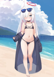 1girl barefoot beach bikini black_bikini black_choker blue_archive choker commentary_request eyewear_on_head flat_chest hair_over_one_eye halo long_hair navel nc731 o-ring o-ring_bikini o-ring_bottom o-ring_top outdoors paid_reward_available plana_(blue_archive) solo sunglasses swimsuit white_hair