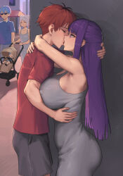 2girls 3boys absurdres ass baby blue_hair child couple covered_erect_nipples curvy dress elf fern_(sousou_no_frieren) frieren grey_dress highres himmel_(sousou_no_frieren) if_they_mated kiss ksksksa multiple_boys multiple_girls parent_and_child pointy_ears purple_eyes purple_hair red_hair red_shirt shirt shorts sousou_no_frieren stark_(sousou_no_frieren) stroller sunglasses white_hair