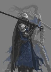 2boys absurdres armor artorias_the_abysswalker black_cape black_gloves blue_surcoat breastplate cape commentary dark_souls_(series) dark_souls_i elden_ring elden_ring_nightreign english_commentary gloves grey_background helm helmet highres holding holding_sword holding_weapon knight multiple_boys over_shoulder pauldrons plate_armor plume shoulder_armor signature simple_background surcoat sword tripdancer two-handed_sword weapon weapon_over_shoulder wylder_(elden_ring)