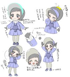 Rule 34 | 1girl, :d, ?, arms up, arrow (symbol), blue dress, blue footwear, blue jacket, blunt bangs, blush stickers, closed eyes, closed mouth, commentary request, dress, eyelashes, gloves, holding, holding tera orb, jacket, looking down, mizuiro123, multiple views, nintendo, open clothes, open jacket, open mouth, pantyhose, pleated dress, pokemon, pokemon sv, poppy (pokemon), shoes, smile, standing, tera orb, translation request, white background