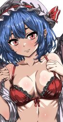 1girl bare_shoulders bat_wings bikini bikini_top_only black_wings blue_hair blush breasts fang hair_between_eyes hat hat_ribbon highres higurashi0720 looking_at_viewer medium_breasts midriff mob_cap red_bikini red_eyes remilia_scarlet ribbon ribs shirt simple_background solo swimsuit touhou white_background white_hat white_shirt wings