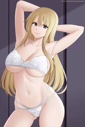 1girl aslindsamure blonde_hair bra breasts fairy_tail large_breasts long_hair lucy_heartfilia panties smile underwear