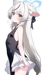1girl absurdres animal_ear_fluff animal_ears armpit_crease black_dress black_hair black_ribbon blue_archive blue_halo blush breasts china_dress chinese_clothes closed_mouth cowboy_shot dress extra_ears grey_hair hair_ribbon halo highres kokona_(blue_archive) long_hair looking_at_viewer multicolored_hair nonddu pelvic_curtain ribbon simple_background small_breasts solo streaked_hair striped_clothes striped_dress sweatdrop tiger_ears tiger_girl vertical-striped_clothes vertical-striped_dress white_background