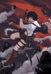 1boy 1girl absurdres black_hair boots brown_gloves dante_(devil_may_cry) demon devil_may_cry devil_may_cry_(series) devil_may_cry_3 gloves green_eyes gun heterochromia highres holding holding_gun holding_rocket_launcher holding_weapon lady_(devil_may_cry) magazine_(weapon) midriff navel nolan192 red_boots red_eyes rocket_launcher shirt short_hair weapon white_shirt
