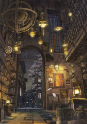 absurdly_detailed_composition arch armillary_sphere book bookshelf bridge chain cherry_blossoms door drawing_(object) fishing_rod highres house indoors k_kanehira lamp lantern library lights loaded_interior no_humans original petals plant potted_plant room scenery skyline tree window