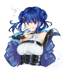 absurdres bare_shoulders blue_coat blue_hair breasts coat double_bun duel_monster evil_twin_lil-la hair_bun highres large_breasts leotard lil-la_(yu-gi-oh!) parted_lips purple_eyes quan_(storyofcoiors) simple_background smile upper_body white_background white_leotard yu-gi-oh!