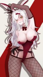 1girl animal_ears black_garter_belt black_gloves blush bow bowtie breasts cleavage covered_navel detached_collar elbow_gloves fake_animal_ears fishnet_gloves fishnet_pantyhose fishnets garter_belt gloves goddess_of_victory:_nikke grey_hair hair_ornament hairclip highleg highleg_leotard highres kazewashi large_breasts leotard lingerie long_hair messy_hair pantyhose playboy_bunny red_leotard scar scar_on_hip scar_on_stomach sharp_teeth solo strapless strapless_leotard teeth underwear yellow_eyes yulha_(nikke)