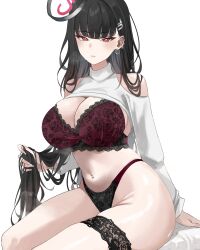 Rule 34 | 1girl, absurdres, black bra, black hair, black panties, blue archive, bra, breasts, bright pupils, cleavage, clothing cutout, commentary, ear piercing, earrings, english commentary, hair ornament, hairclip, halo, highres, holding, holding own hair, jewelry, lace, lace-trimmed bra, lace thigh strap, lace trim, large breasts, long hair, long sleeves, looking at viewer, miz blank, navel, navel piercing, panties, piercing, red bra, red eyes, red panties, rio (blue archive), shoulder cutout, sitting, solo, turtleneck, two-tone bra, two-tone panties, underwear, very long hair, white background, white pupils