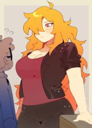 1boy 1girl ? ?? black_jacket black_pants body_freckles breasts cleavage closed_mouth commentary_request expressionless firemauer freckles from_behind glasses hair_over_one_eye height_difference highres jacket large_breasts long_hair looking_at_another nerd_(nerd_and_jock) nerd_and_jock one_eye_covered open_clothes open_jacket orange_hair pants red_eyes red_shirt shirt short_hair short_sleeves tiger_(nerd_and_jock) very_long_hair