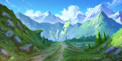 blue_sky chinnkun cloud day dirt_road flower grass mountainous_horizon no_humans original painterly road rock ruins scenery sky sunlight tree