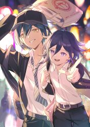 Rule 34 | 2boys, :d, arm up, bag, belt, black bag, black hair, black hat, black pants, blurry, blurry background, collared shirt, danganronpa (series), danganronpa v3: killing harmony, ewa (seraphhuiyu), grin, hair between eyes, hat, highres, holding, holding bag, long sleeves, male focus, multiple boys, necktie, oma kokichi, open mouth, pants, pink eyes, pointing, pointing at viewer, purple hair, saihara shuichi, school uniform, shirt, shirt tucked in, short hair, smile, striped necktie, teeth, upper teeth only, white shirt