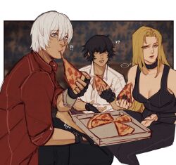 1boy black_gloves blue_eyes closed_mouth coat dante_(devil_may_cry) devil_may_cry_(series) fingerless_gloves food gloves hejee highres jacket lady_(devil_may_cry) leather leather_pants long_hair pants pizza red_coat scar scar_on_face scar_on_nose short_hair strapless trish_(devil_may_cry) tube_top white_hair