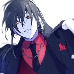 1boy black_gloves black_necktie black_suit brown_hair collared_shirt esu_kota formal_clothes gloves hair_between_eyes highres jyu_viole_grace long_hair long_sleeves looking_at_viewer looking_down necktie original parted_lips ponytail red_shirt shadow shirt solo suit teeth tower_of_god twenty-fifth_bam vest white_background yellow_eyes