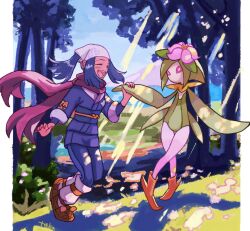 2girls akari_(pokemon) artist_name blue_hair blue_kimono blue_sky blush bright_pupils closed_eyes commentary_request day flower full_body galaxy_expedition_team_survey_corps_uniform grass headscarf hisuian_lilligant holding_hands japanese_clothes kimono long_hair multiple_girls nature nintendo no_mouth obi open_mouth outdoors pink_eyes pink_flower pokemon pokemon_(creature) pokemon_legends:_arceus ponytail red_scarf sash scarf sidelocks signature sky smile socks sunlight taka_(pixiv_30779600) tree white_headscarf white_pupils white_socks