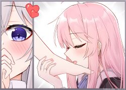 2girls absurdres blush chinese_commentary closed_eyes commentary_request covering_own_mouth elaina_(majo_no_tabitabi) grey_hair hand_on_another&#039;s_foot highres houki_(majo_no_tabitabi) jewelry licking licking_foot long_hair majo_no_tabitabi multiple_girls pink_hair purple_eyes ring shiyan_ying yuri