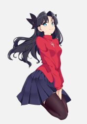 1girl absurdres black_hair black_skirt black_thighhighs blue_eyes breasts closed_mouth fate/stay_night fate_(series) full_body grey_background hair_ribbon heartpark highres kneeling long_hair looking_at_viewer medium_breasts parted_bangs pleated_skirt red_sweater ribbon simple_background skirt smile solo sweater thighhighs tohsaka_rin turtleneck two_side_up very_long_hair zettai_ryouiki