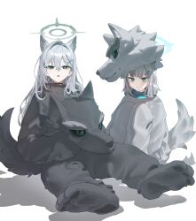 26duck 2girls absurdres animal_costume animal_ears aqua_eyes blue_archive blue_eyes blue_halo bright_pupils closed_mouth commentary cross cross_hair_ornament dual_persona grey_hair grey_halo hair_between_eyes hair_ornament halo highres holding_mascot_head inverted_cross knees_up long_hair looking_at_viewer mismatched_pupils multiple_girls open_mouth shiroko_(blue_archive) shiroko_terror_(blue_archive) simple_background sitting white_background white_pupils wolf_costume wolf_ears wolf_girl