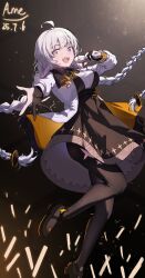 Rule 34 | 1girl, absurdres, ahoge, amely elden, black dress, black gloves, black pantyhose, black shoes, braid, breasts, commentary, concert, cross tie, dated, dress, gloves, glowstick, hair ornament, hair tubes, highres, jacket, kizuna akari, long hair, long sleeves, looking at viewer, mary janes, medium breasts, microphone, open clothes, open jacket, open mouth, outstretched arm, pantyhose, partially fingerless gloves, penlight (glowstick), pink eyes, reaching, reaching towards viewer, shoes, signature, smile, solo, twin braids, very long hair, vocaloid, voiceroid, white hair, white jacket