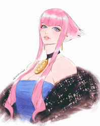 1girl bare_shoulders black_choker blue_eyes breasts choker cropped_torso highres looking_at_viewer manon_legrand medallion medium_breasts parted_lips pink_hair short_hair_with_long_locks simple_background smile solo strapless street_fighter street_fighter_6 sumustard twitter_username white_background