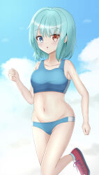 1girl :o absurdres alternate_costume blue_eyes blue_hair blue_sky blue_sports_bra breasts cloud commentary_request groin gym_uniform heterochromia highres hyakuya_iori looking_at_viewer navel outdoors parted_lips red_eyes red_shoes running shoes short_hair sky solo sports_bikini sports_bra sports_panties tatara_kogasa touhou
