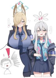 ! 1boy 2girls animal_ear_fluff animal_ears arm_hug armband blonde_hair blue_archive blue_armband blue_eyes blue_halo blue_necktie blue_shirt breasts collared_shirt dog_ears dog_girl doodle_inset doodle_sensei_(blue_archive) extra_ears floral_print_shirt grey_eyes grey_hair grey_halo gurenola hair_over_one_eye halo hand_on_another&#039;s_arm hawaiian_shirt holding_another&#039;s_arm huge_breasts jacket kanna_(blue_archive) konoka_(blue_archive) long_hair mask mask_pull mouth_mask multiple_girls necktie notched_ear numbered sensei_(blue_archive) sharp_teeth shirt skirt surgical_mask teeth tie_clip white_mask