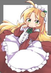 1girl ahoge apron center_frills closed_mouth collared_dress croixsan dress flat_chest food-themed_hair_ornament frilled_apron frills furrowed_brow futaba_channel green_ribbon hair_ornament hand_up juliet_sleeves lemon_hair_ornament lemon_tea_(nijiura_maids) long_hair long_sleeves looking_at_viewer maid maid_apron maid_headdress neck_ribbon nijiura_maids puffy_sleeves red_dress ribbon sleeve_ribbon smile solo thick_eyebrows very_long_hair white_apron white_ribbon