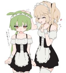 Rule 34 | 2girls, alternate costume, apron, black corset, black dress, blonde hair, blush, breasts, cleavage, closed eyes, commentary request, corset, dress, enmaided, giryu, green hair, headpat, heart, highres, kasukabe tsumugi, long hair, maid, maid headdress, medium breasts, multiple girls, open mouth, puffy short sleeves, puffy sleeves, shirt, short sleeves, simple background, small breasts, translation request, voiceroid, voicevox, waist apron, white apron, white background, white shirt, zundamon