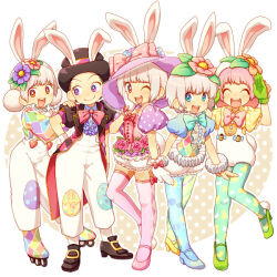 5girls :d ;d ^_^ animal_ears asymmetrical_footwear blue_eyes bow brown_eyes closed_eyes commentary_request disneyland duplicate easter_wonderland end_bunny_(disney) fishnet_pantyhose fishnets flower full_body gloves hair_flower hair_ornament hat high_heels inline_skates kiri_futoshi knees_together_feet_apart mismatched_footwear multiple_girls one_eye_closed open_mouth pantyhose pom_pom_(clothes) purple_eyes rabbit_ears roller_skates round_teeth short_hair skates skindentation smile teeth thighhighs top_hat white_hair
