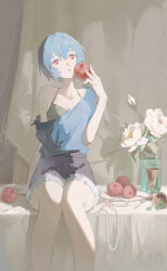 Rule 34 | 1girl, 2025, absurdres, apple, ayanami rei, blue hair, blue shirt, bra, breasts, cleavage, collarbone, dated, denim, denim shorts, flower, food, fruit, grapes, grey bra, grey shorts, hair between eyes, head tilt, highres, holding, holding food, holding fruit, jewelry, looking up, necklace, neon genesis evangelion, off-shoulder shirt, off shoulder, open mouth, red eyes, samu eri, shirt, short hair, short shorts, shorts, signature, sitting, small breasts, solo, underwear, unworn jewelry, unworn necklace, white flower