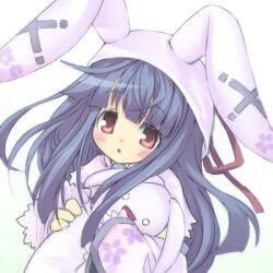 1girl black_hair emil_chronicle_online hair_ribbon holding holding_stuffed_toy long_hair looking_at_viewer lowres maou_mikage mitama_mikoto open_mouth rabbit_ear_headwear red_eyes red_ribbon ribbon stuffed_toy upper_body white_background