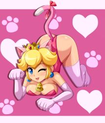 1girl animal_ears ass blonde_hair blue_eyes breasts cat_ears cat_girl cat_peach cat_tail cleavage crown earrings elbow_gloves gloves heart jewelry kneeling leotard looking_at_viewer mario_(series) medium_breasts nintendo one_eye_closed pink_gloves pink_leotard pink_thighhighs princess_peach sigurd_hosenfeld super_bell super_mario_3d_world tail thighhighs tongue tongue_out