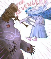 1girl animal barefoot bear blue_cape blue_hair blue_skirt braid cape commentary doll_joints elden_ring elden_ring_nightreign emphasis_lines english_commentary feet flower_wreath from_behind hammer highres holding holding_weapon jewelry joints long_hair low_twin_braids photo-referenced rashuu revenant_(elden_ring) rune_bear_(elden_ring) shirt skirt solo twin_braids weapon white_background white_shirt wide_sleeves
