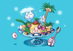 :d alcremie alolan_exeggutor alolan_form applin aqua_background bounsweet cherubi commentary creatures_(company) drooling exeggutor fangs fog food game_freak gen_1_pokemon gen_3_pokemon gen_4_pokemon gen_5_pokemon gen_6_pokemon gen_7_pokemon gen_8_pokemon milcery mouth_drool nintendo no_humans open_mouth pecharunt pokemon pokemon_(creature) pudding red_eyes sakuramochi0906 sitting slurpuff smile snowflakes spoon swirlix tropius vanillish vanillite vanilluxe