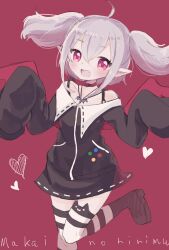 Rule 34 | 1girl, ahoge, animal ear legwear, bare shoulders, bat necklace, black boots, black jacket, black skirt, blush, boots, cat ear legwear, cat ear thighhighs, cat thighhighs, character name, collar, demon wings, dyed ahoge, fang, foot out of frame, grey hair, hands up, heart, highres, jacket, karunabaru, leg up, long sleeves, makaino ririmu, makaino ririmu (2nd costume), medium hair, multicolored hair, nijisanji, off-shoulder jacket, off shoulder, open mouth, platform boots, platform footwear, pointy ears, red background, red collar, red eyes, red hair, red wings, sidelocks, simple background, skirt, sleeves past fingers, sleeves past wrists, smile, solo, striped clothes, striped thighhighs, thighhighs, twintails, two-tone hair, two-tone legwear, virtual youtuber, wings, zettai ryouiki