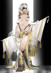 1girl 2b_(nier:automata) absurdres alternate_costume bell black_hairband blush breasts closed_mouth covered_eyes full_body hairband highleg highres kneehighs large_breasts navel nier:automata nier_(series) short_hair socks solo standing stomach teddypocky thighs white_hair