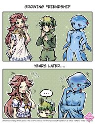 ... 3girls age_progression artist_logo belt blue_eyes blue_skin breasts brown_hair colored_skin commentary dress earrings english_commentary fins fish_girl green_eyes green_hair green_hairband green_sweater hairband height_difference highres jewelry kokiri large_breasts laughing logo long_hair long_sleeves looking_at_another malon monster_girl multiple_girls neckerchief nintendo open_mouth pointy_ears princess_ruto purple_eyes saria_(zelda) shirt short_hair short_sleeves smile sweater thaumana the_legend_of_zelda the_legend_of_zelda:_ocarina_of_time turtleneck upper_body white_dress white_shirt yellow_neckerchief zora