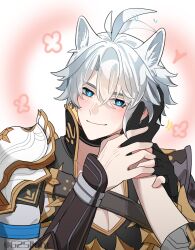 Rule 34 | 1boy, 1girl, 625light, absurdres, antenna hair, armor, black choker, black gloves, black shirt, blue eyes, blush, choker, coat, fingerless gloves, gloves, hand on another&#039;s face, hashtag-only commentary, highres, holding another&#039;s wrist, honkai: star rail, honkai (series), looking at viewer, male focus, parted bangs, pauldrons, phainon (honkai: star rail), pov, pov hands, shirt, short hair, shoulder armor, single glove, single pauldron, stelle (honkai: star rail), trailblazer (honkai: star rail), twitter username, white coat, white hair