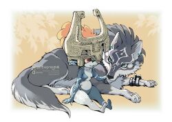 Rule 34 | 1girl, artist name, black skin, blue eyes, border, breasts, colored sclera, colored skin, grey skin, hashtag-only commentary, link, midna, multicolored skin, nintendo, open mouth, orange hair, pointy ears, red eyes, shortstack, sitting, small breasts, smile, snout, the legend of zelda, the legend of zelda: twilight princess, tsuyuga, twitter username, two-tone skin, watermark, white border, wolf, wolf link, yellow sclera