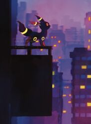 Rule 34 | building, cityscape, from side, gen 2 pokemon, glowing markings, highres, nashiro o77o, nintendo, no humans, orange eyes, outdoors, pokemon, pokemon (creature), pokemon focus, solo, standing, twilight, twitter username, umbreon, watermark